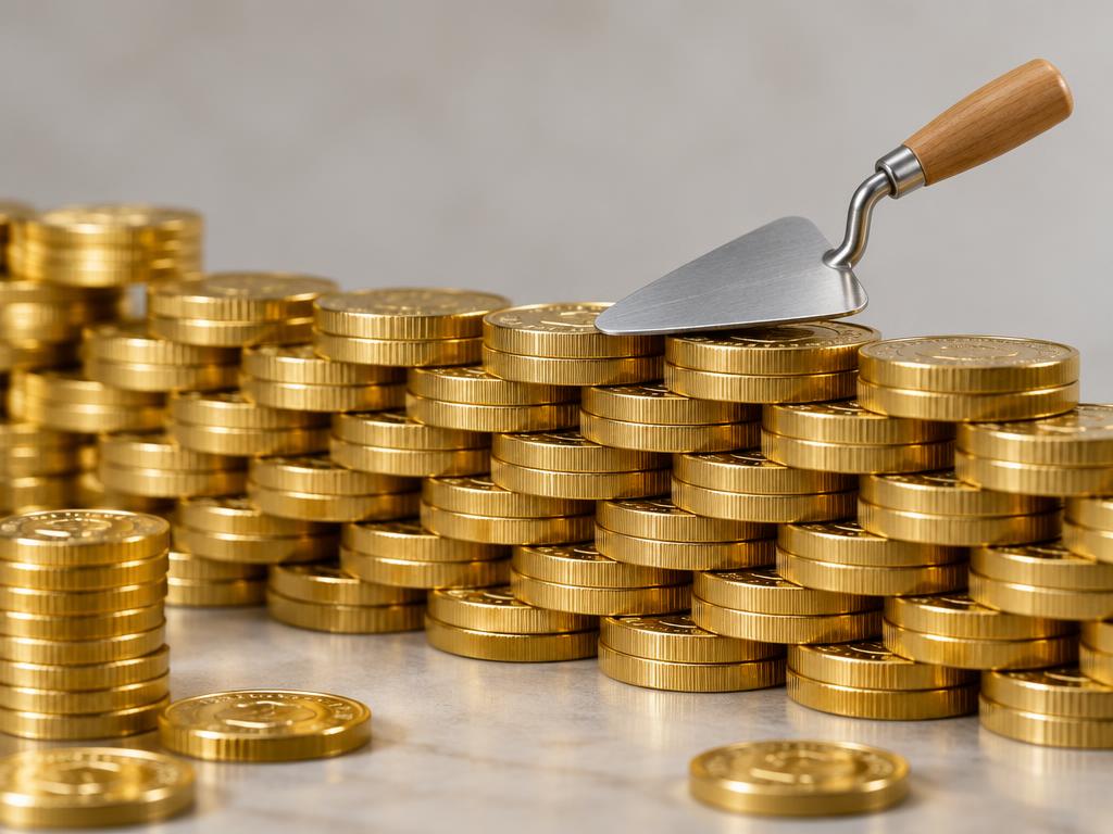 A wall of stacked gold coins built like a brick wall, with a trowel on top